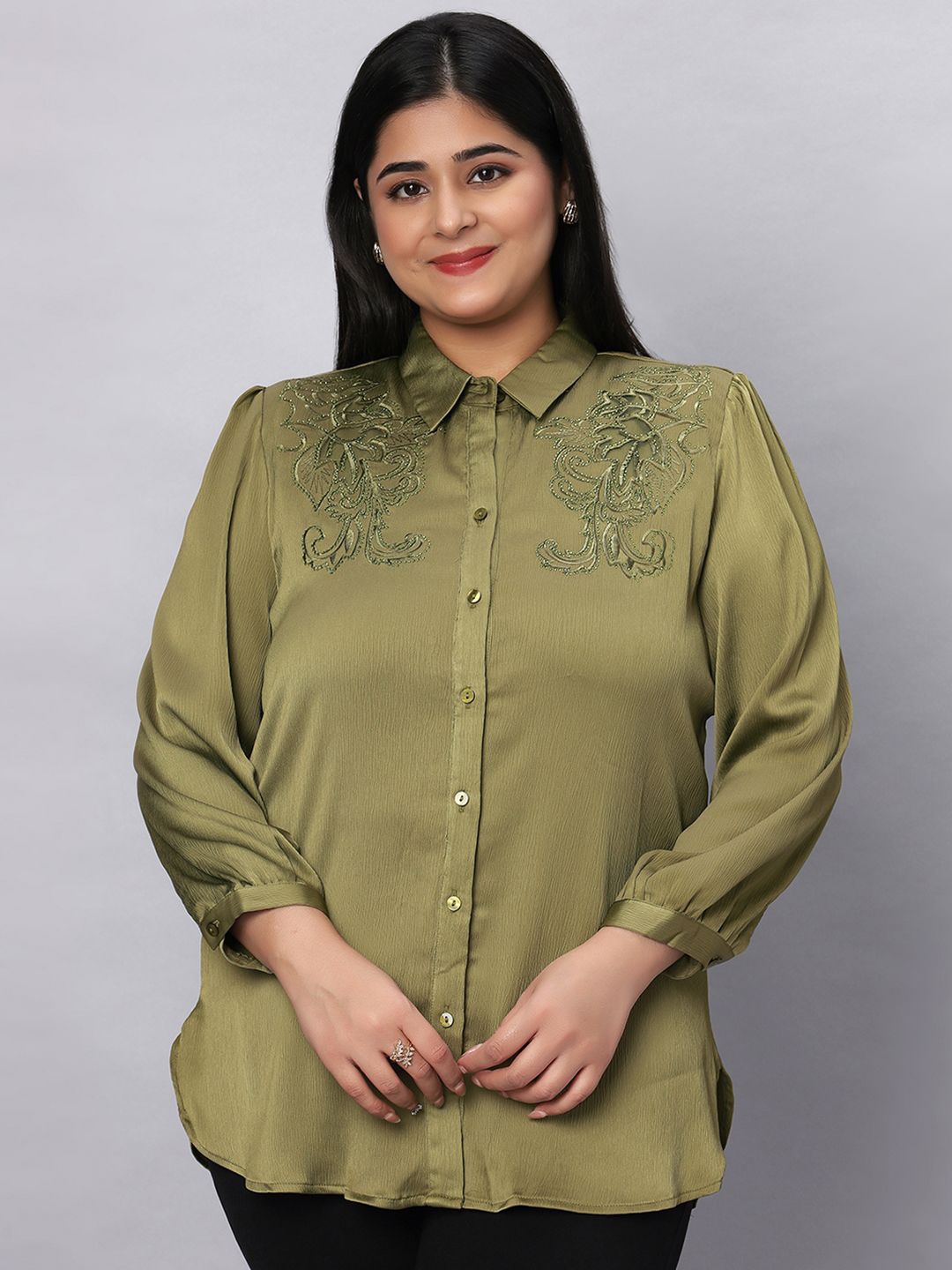 

Presence Women Straight Fit Spread Collar Floral Printed Chiffon Casual Shirt, Green