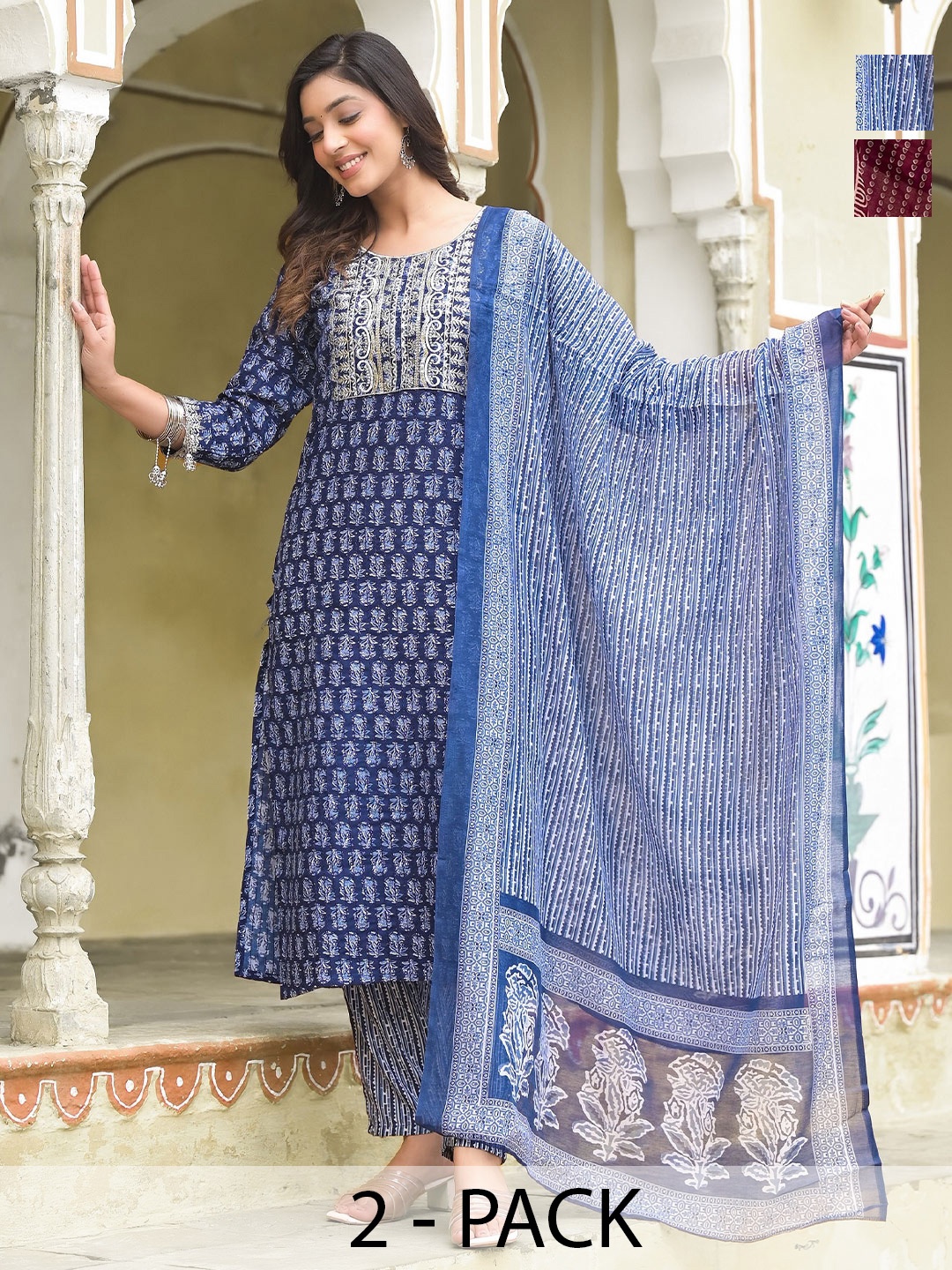 

KALINI Selection Of 2 Ethnic Motifs Printed Sequinned Kurtas With Trousers And Dupattas, Blue