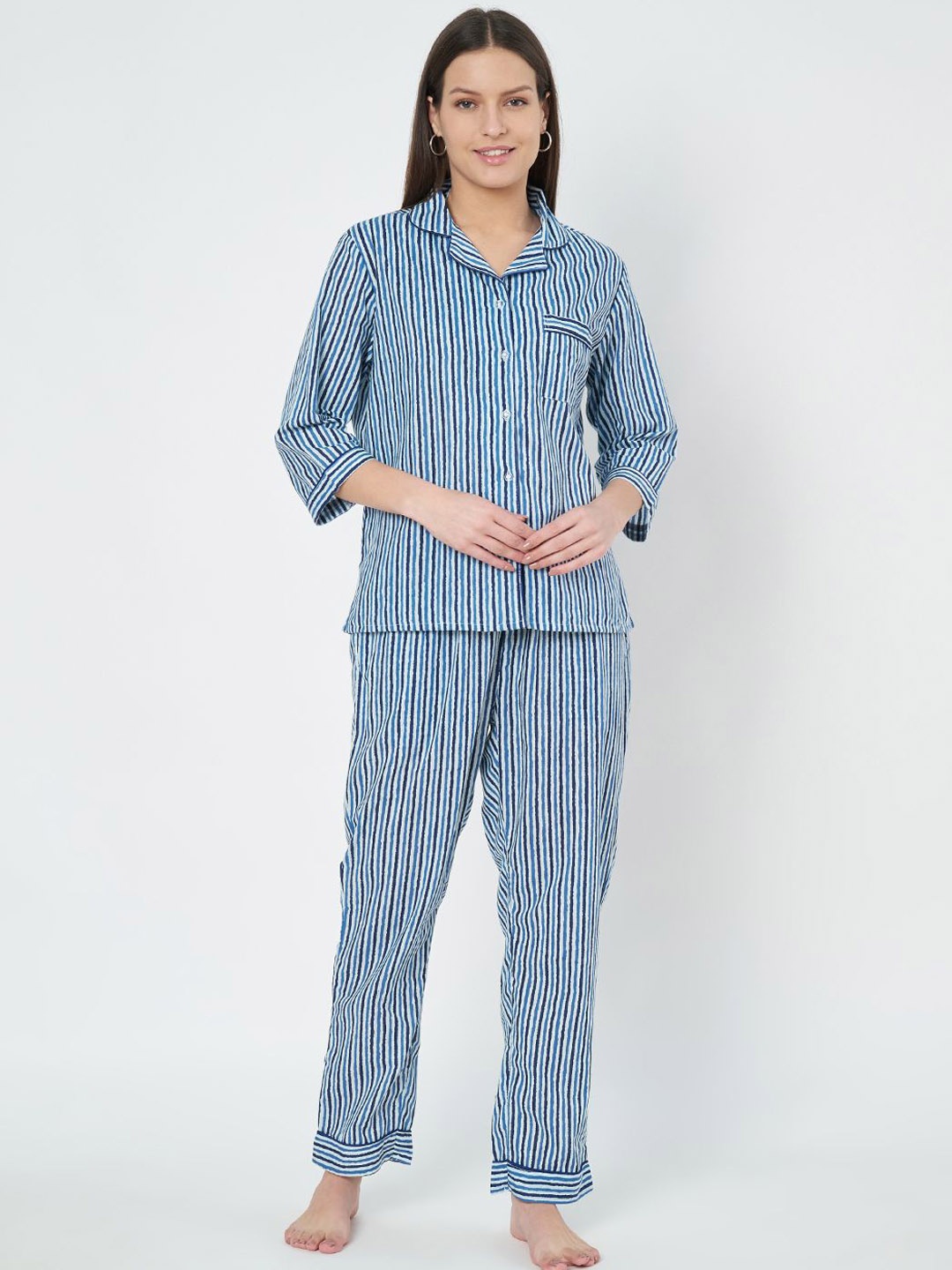

ETC Women Striped Pure Cotton Night suit, Blue