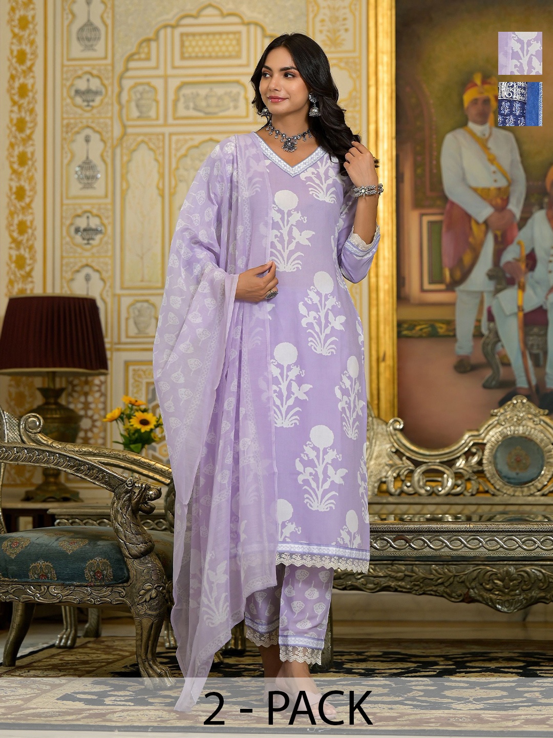 

KALINI Selection Of 2 Floral Printed V-Neck Straight Kurtas With Trousers And Dupattas, Lavender