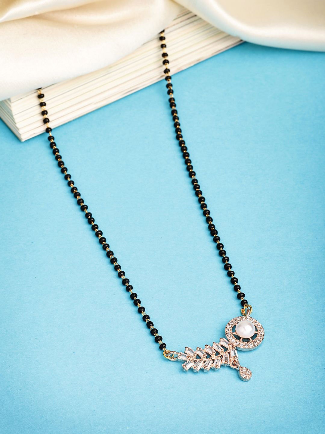 

ZENEME Rose Gold-Plated American Diamond Studded Black Beads Mangalsutra