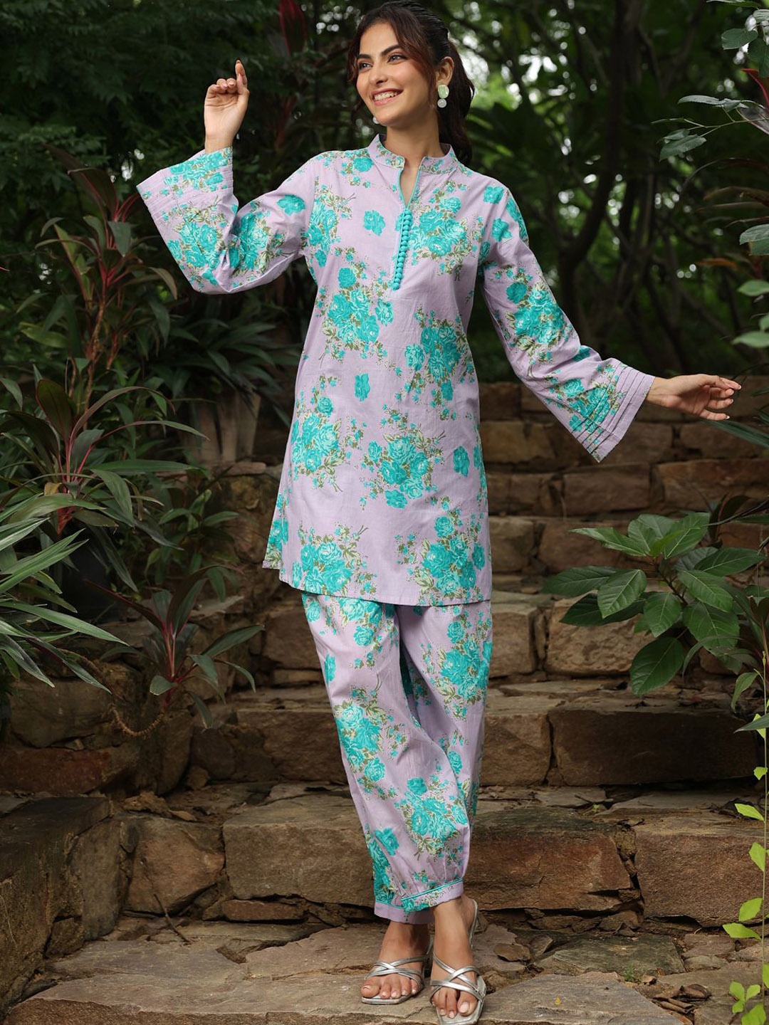 

Jaipur Morni Floral Printed Mandarin Collar Pure Cotton Tunic With Trousers, Lavender