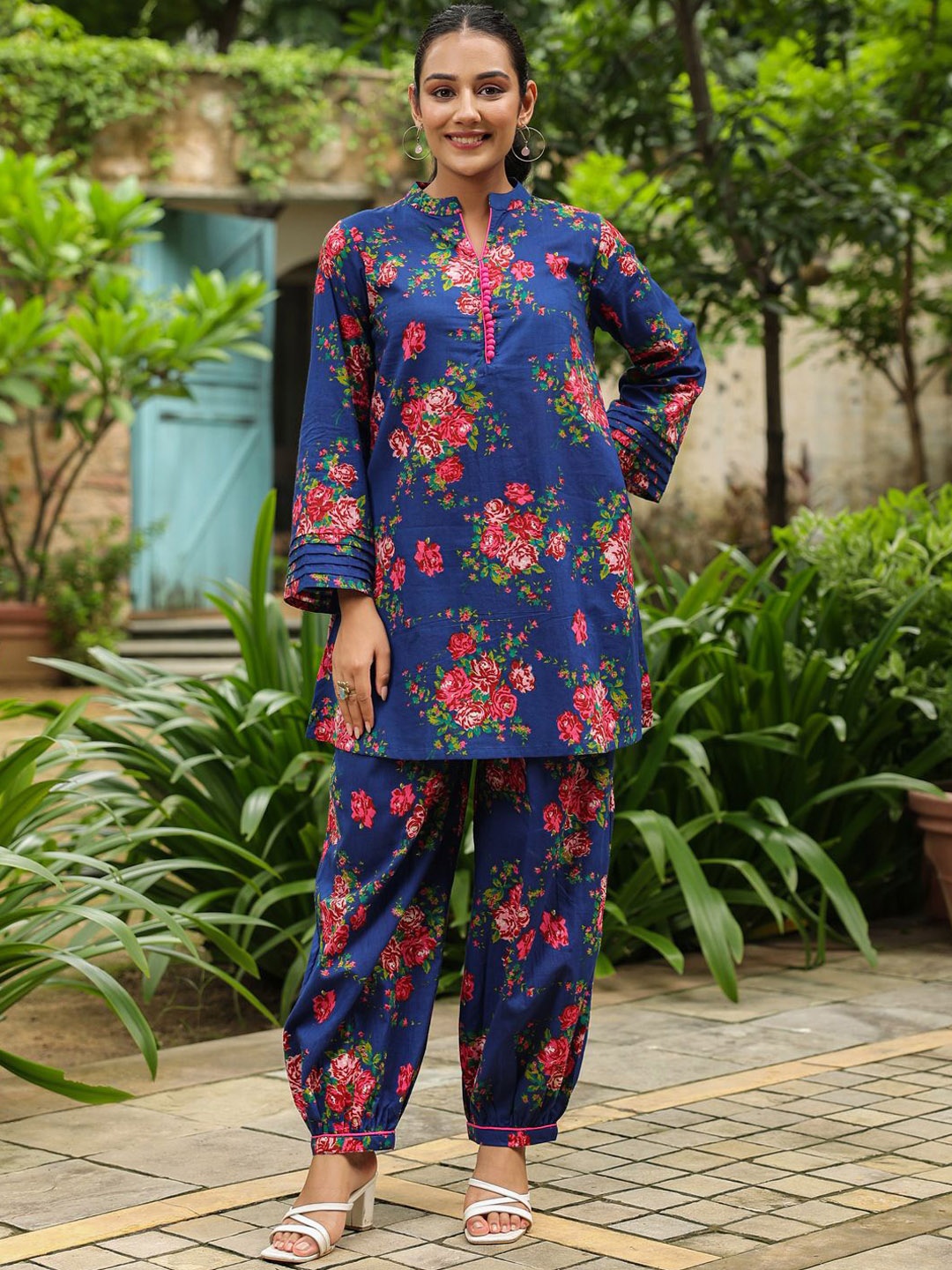 

Jaipur Morni Printed Mandarin Collar Pure Cotton Tunic With Trousers, Blue