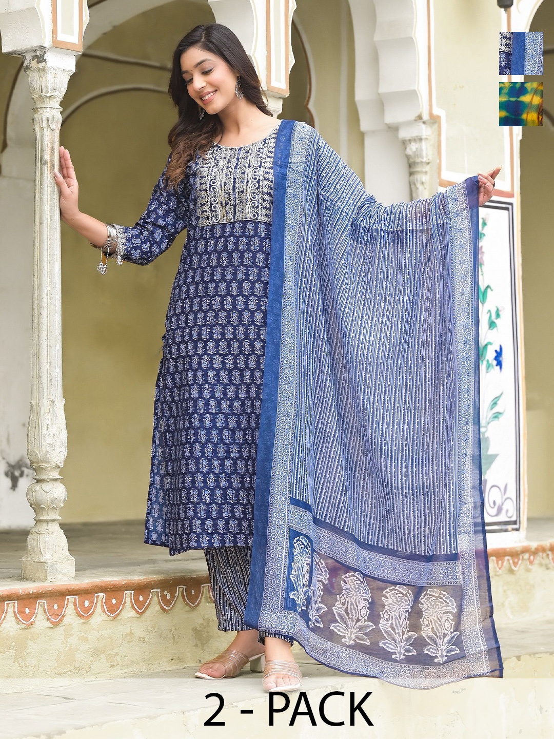 

KALINI Selection Of 2 Floral Printed Straight Kurtas With Trousers And Dupattas, Blue