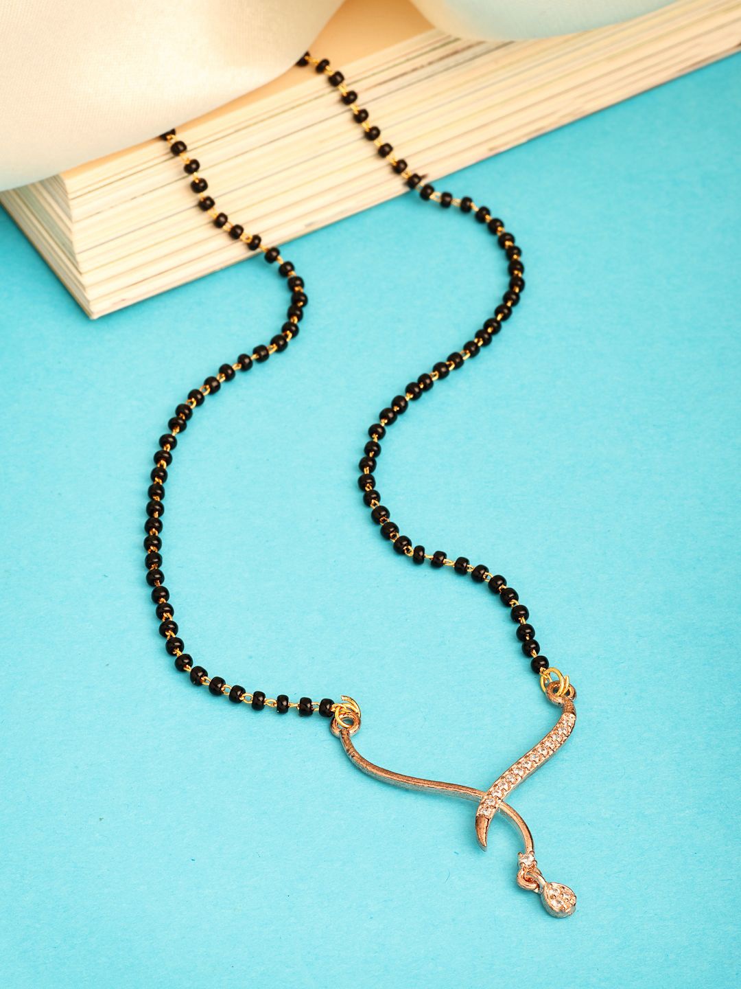 

ZENEME Rose Gold-Plated Black Beaded & Stone Studded Embellished Mangalsutra
