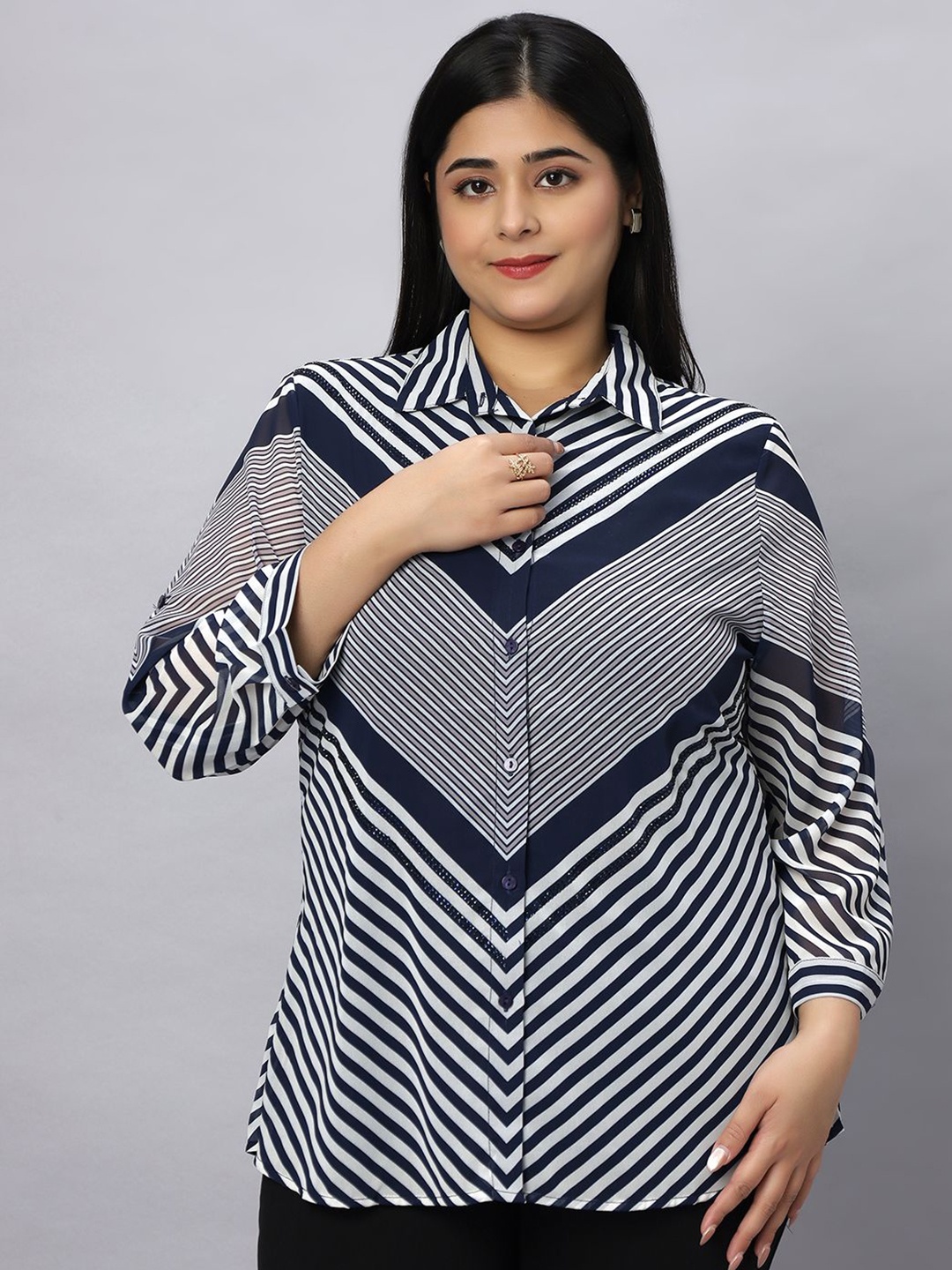 

Presence Women Straight Fit Spread Collar Vertical Striped Casual Shirt, Blue