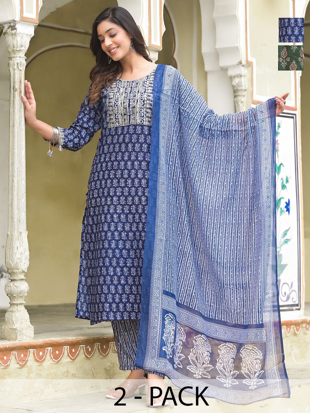

KALINI Selection Of 2 Floral Printed Straight Kurtas With Trousers And Dupattas, Green