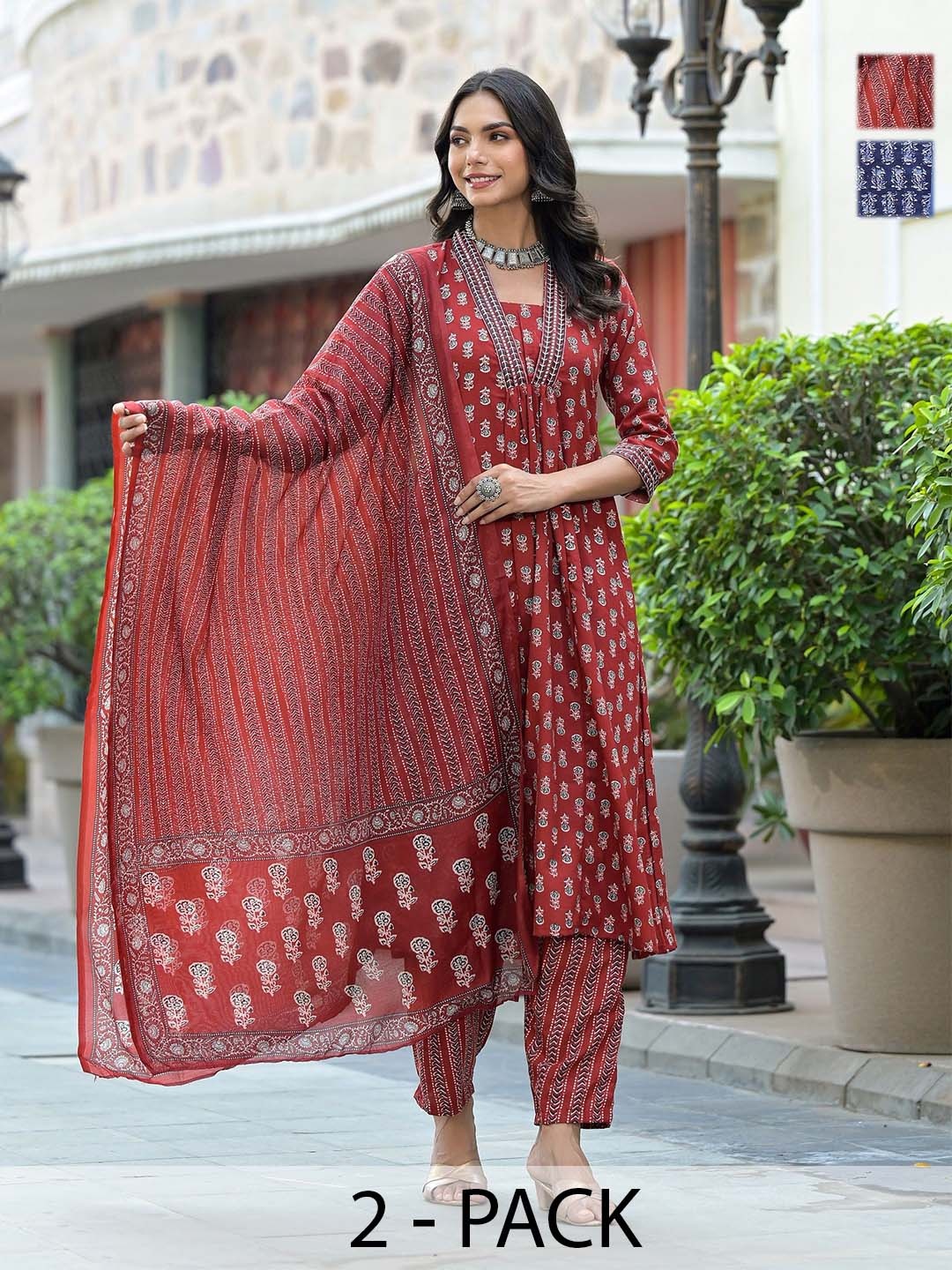 

KALINI Selection Of 2 Ethnic Motifs Printed A-Line Kurtas With Trousers & Dupattas, Red