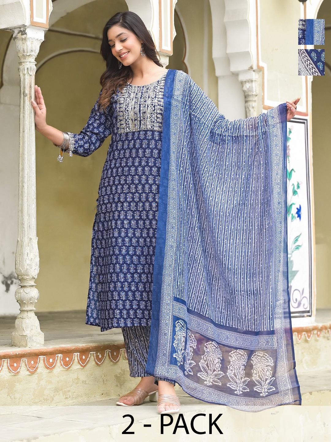 KALINI Selection Of 2 Ethnic Motifs Printed Sequinned Kurtas & Trousers & Dupattas, Blue