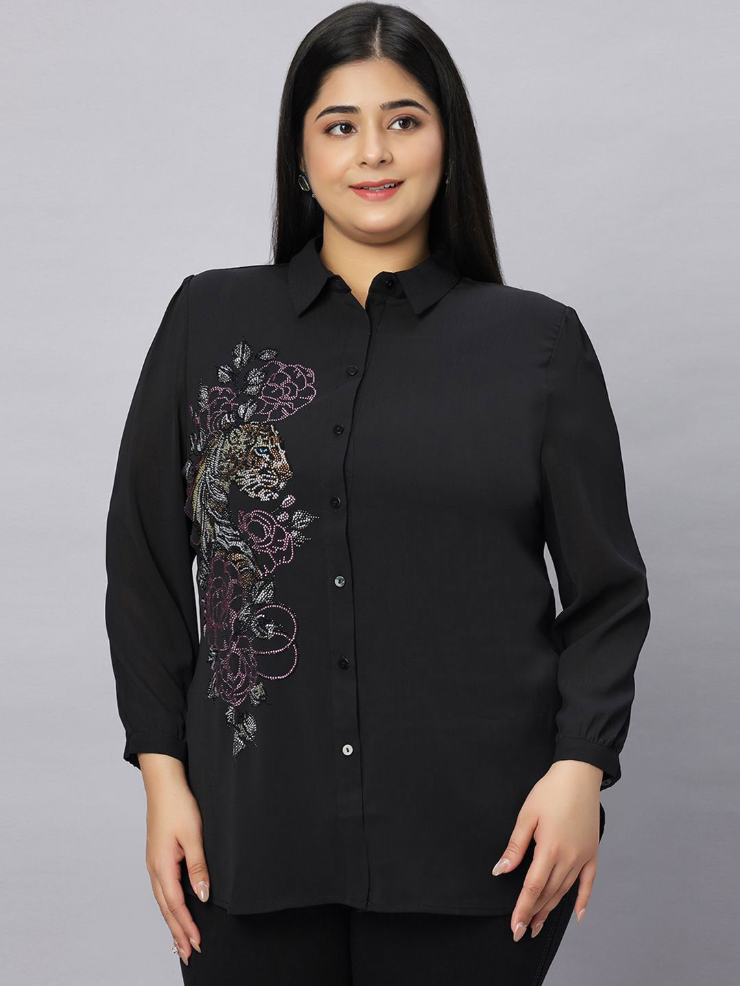 

Presence Women Straight Fit Spread Collar Floral Printed Chiffon Casual Shirt, Black