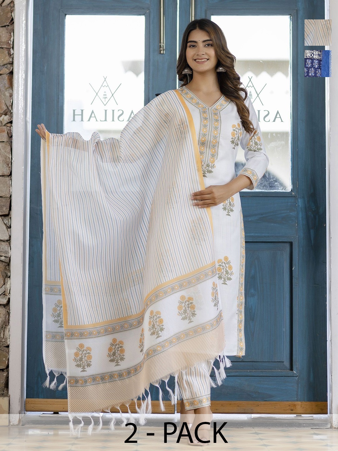

KALINI Selections Of 2 Floral Printed Kurta with Trouser & Dupatta, White