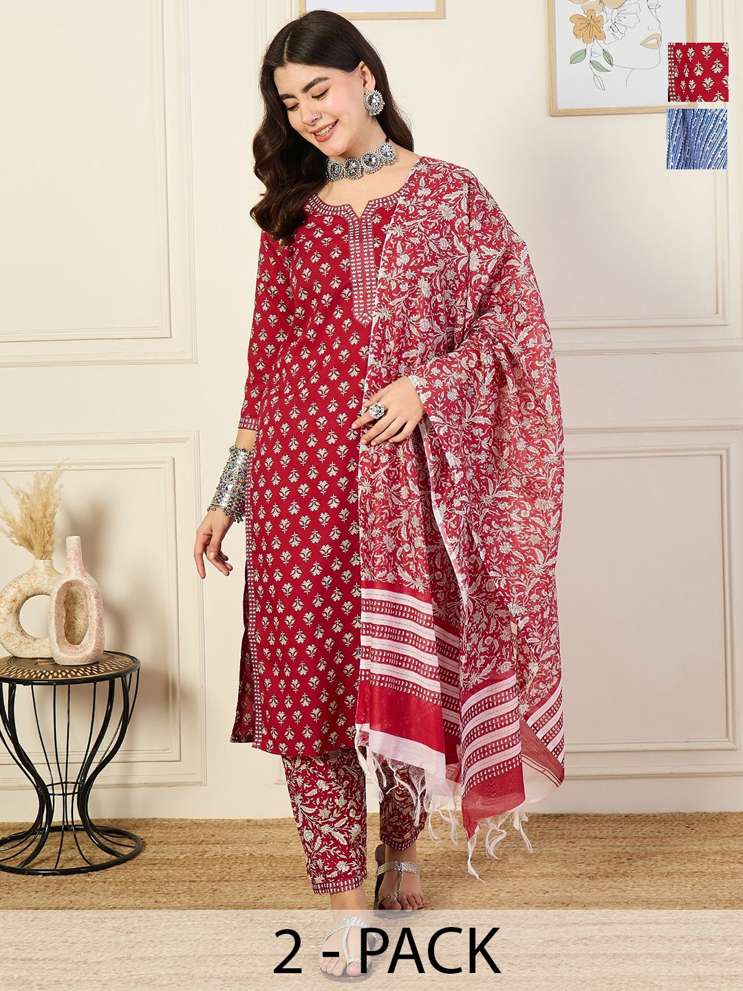 

KALINI Selection Of 2 Ethnic Motifs Printed Notch Neck Kurtas With Trousers & Dupattas, Red