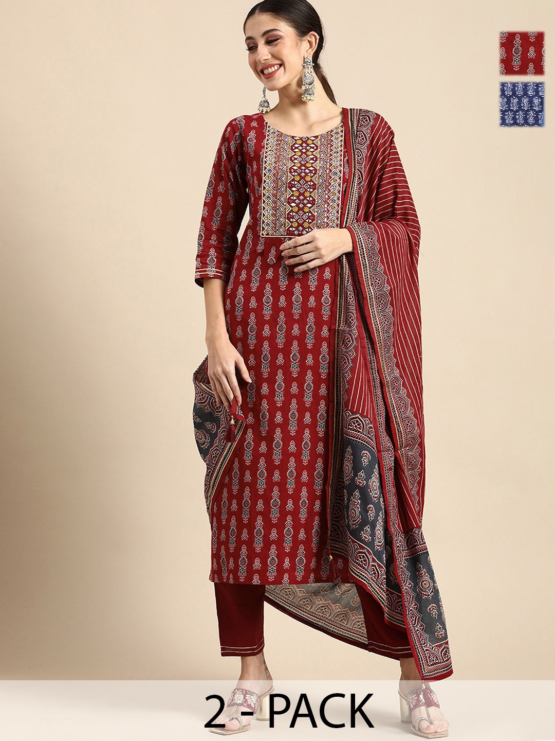 KALINI Selection Of 2 Ethnic Motifs Printed Straight Kurtas With Trousers & Dupattas, Red