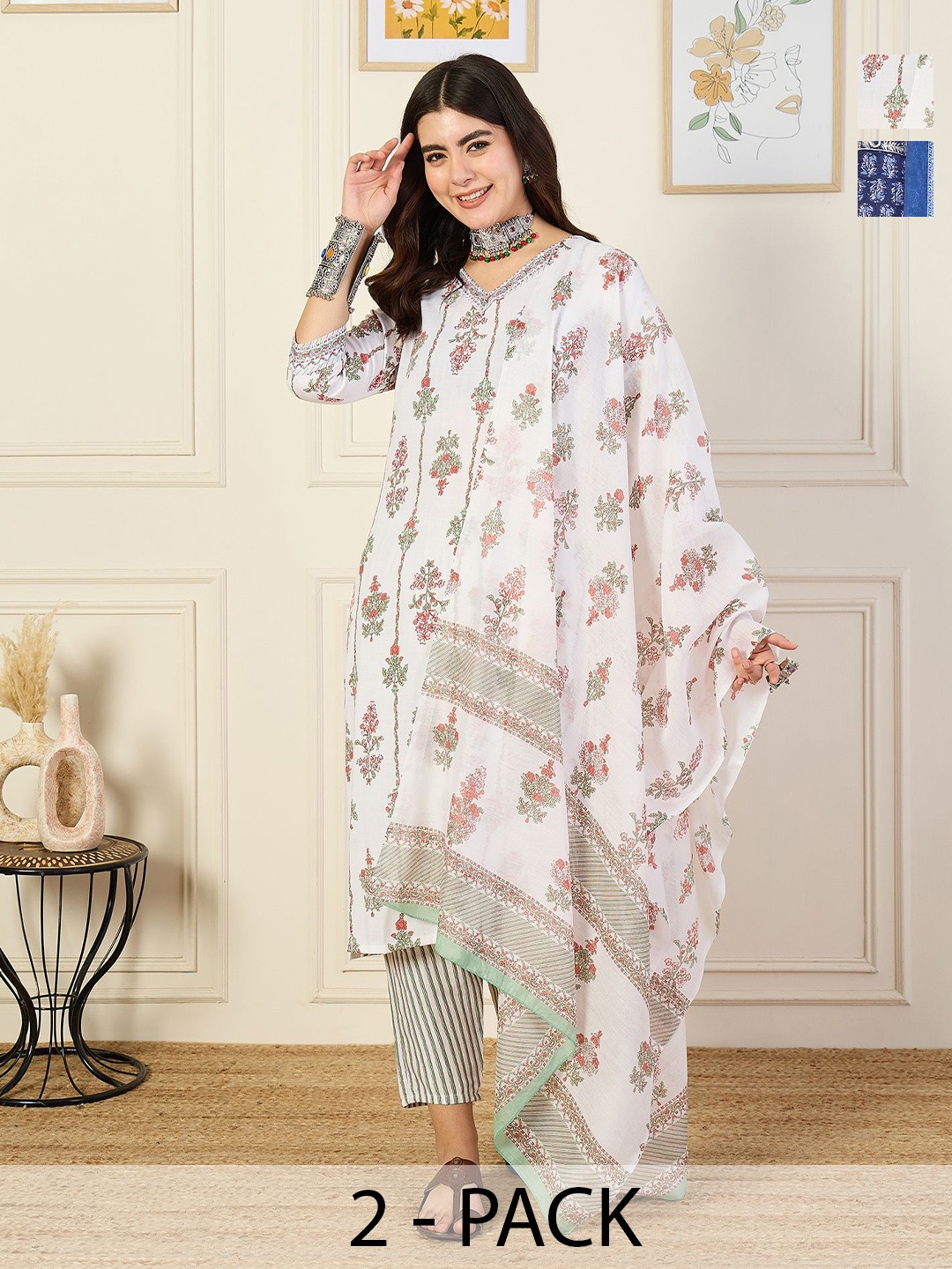 

KALINI Selection Of 2 Floral Printed Straight Kurtas With Trousers & Dupattas, White