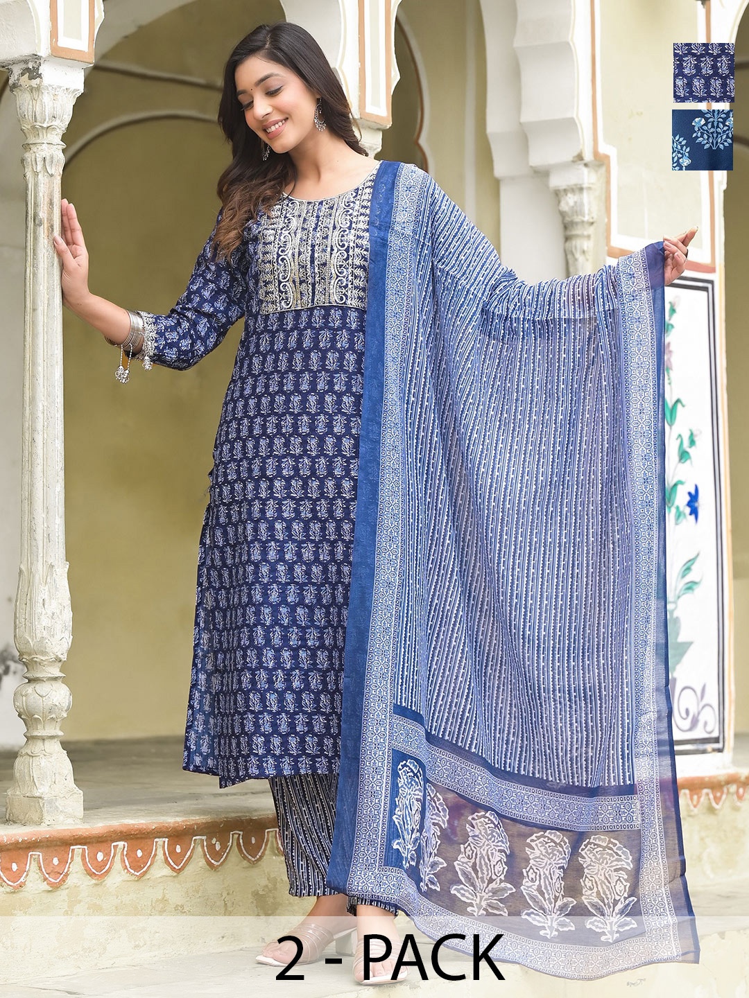 

KALINI Selection Of 2 Floral Printed Kurtas With Trousers & Dupattas, Navy blue