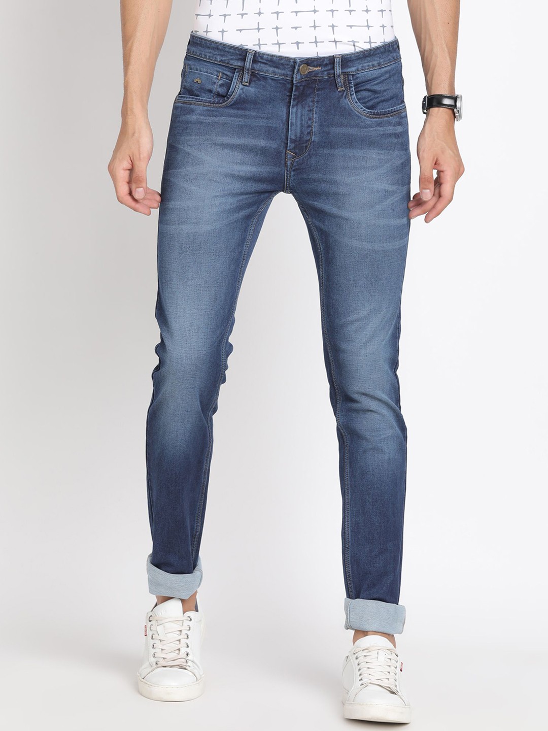 

Turtle Men Cotton Narrow Tapered Fit Heavy Fade Stretchable Jeans, Blue