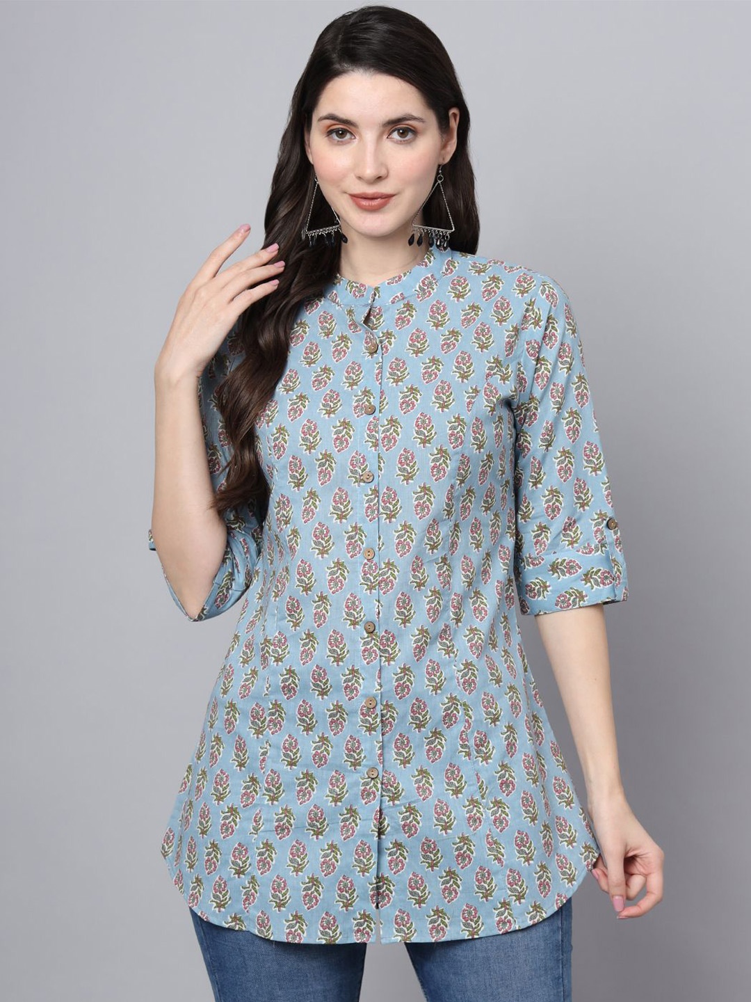 

KALINI Women Floral Printed Cotton Shirt Style Top, Blue