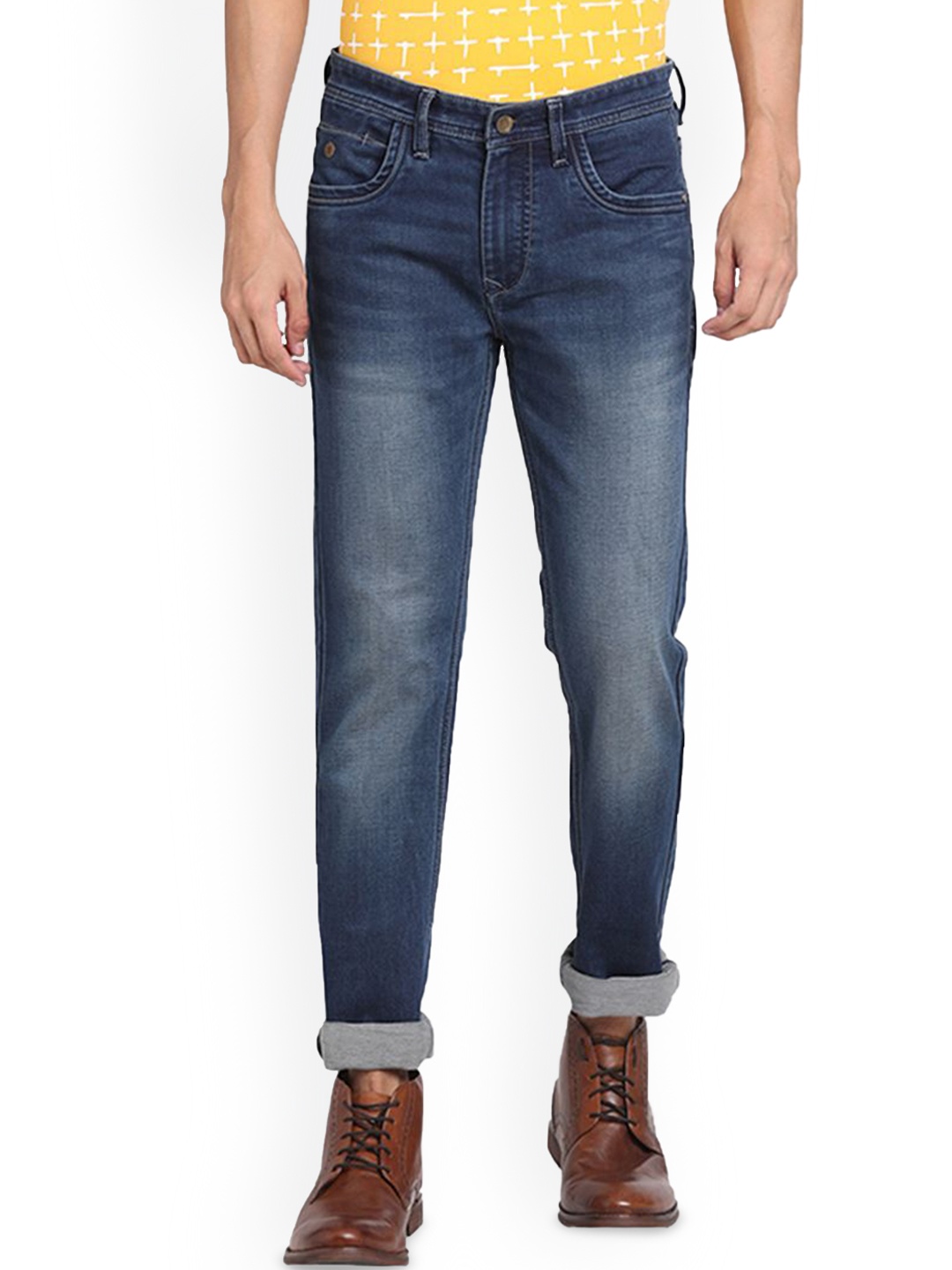 

Turtle Men Cotton Narrow Tapered Fit Heavy Fade Stretchable Jeans, Blue