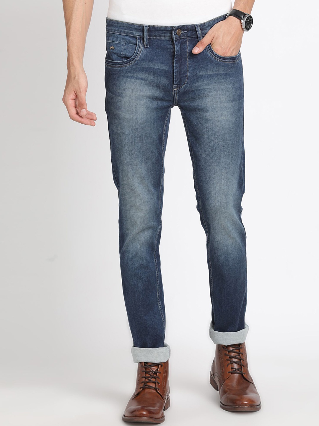 

Turtle Men Narrow Tapered Fit Low Distress Heavy Fade Stretchable Jeans, Blue