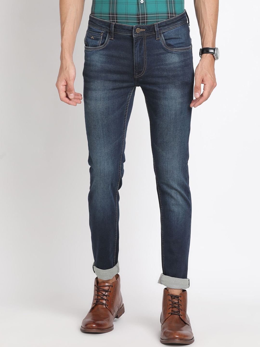 

Turtle Men Cotton Narrow Tapered Fit Heavy Fade Stretchable Jeans, Blue