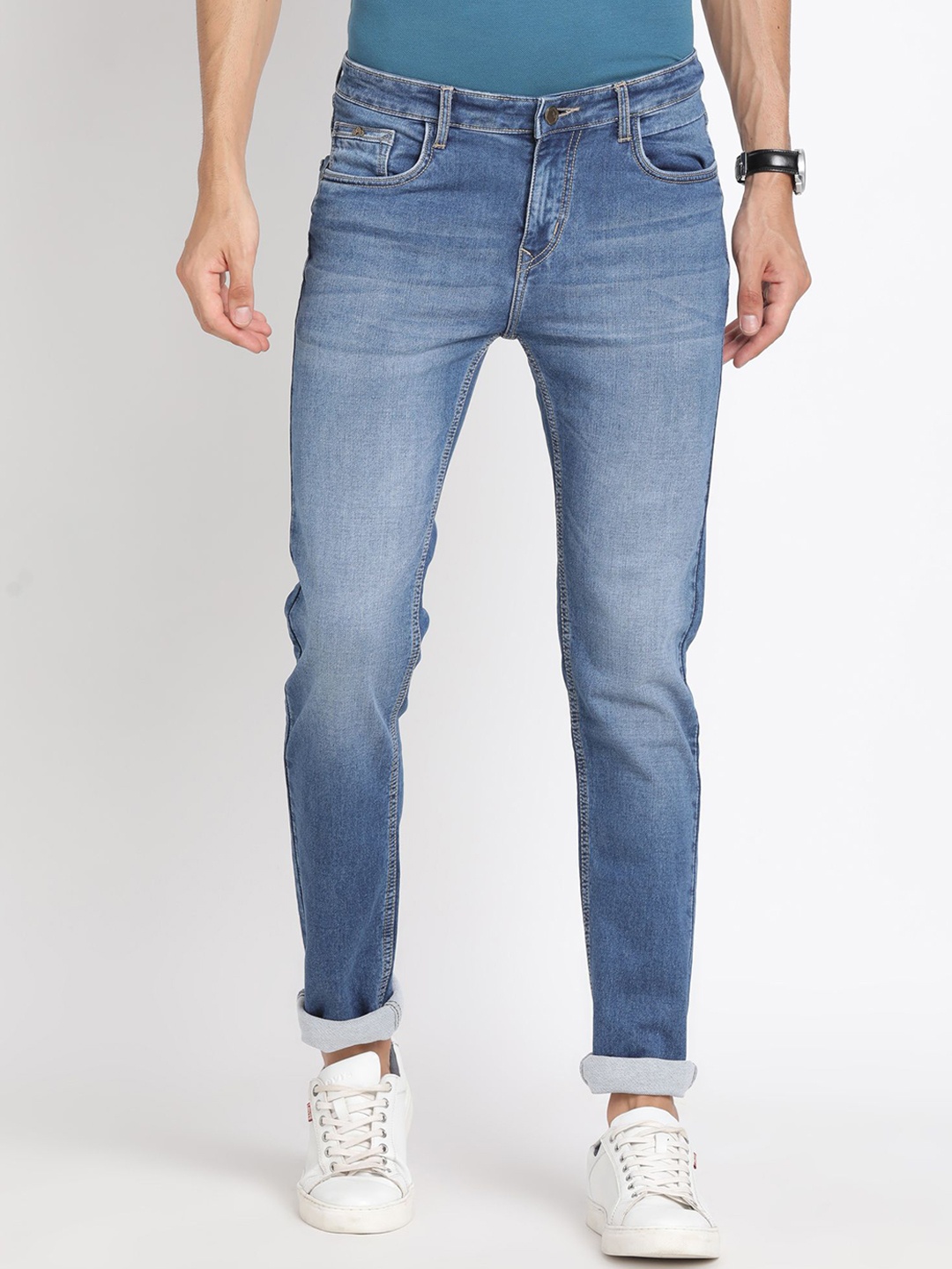 

Turtle Men Cotton Mid-Rise Narrow Tapered Fit Heavy Fade Stretchable Jeans, Blue