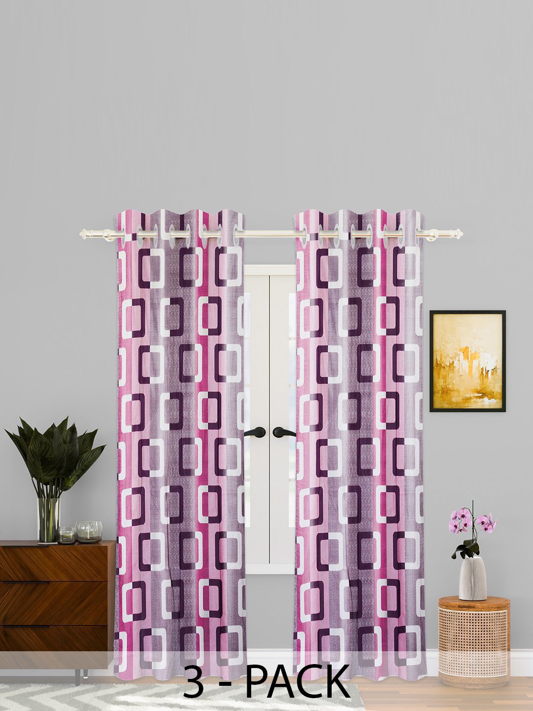 

Kuber Industries Pink & Purple 3 Pieces Geometric Printed Sheer Door Curtains