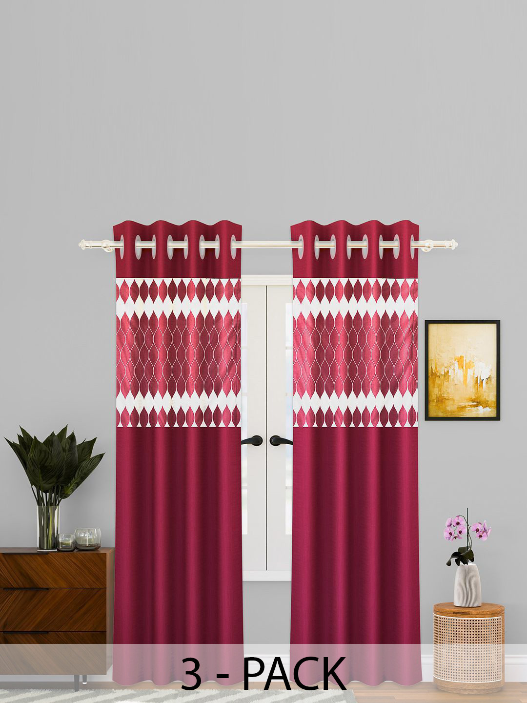 

Kuber Industries White & Maroon 3 Pieces Geometric Printed Sheer Door Curtains