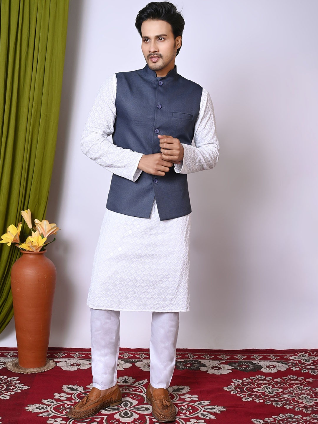 

BAESD Mandarin Collar Woven Nehru Jacket, Grey