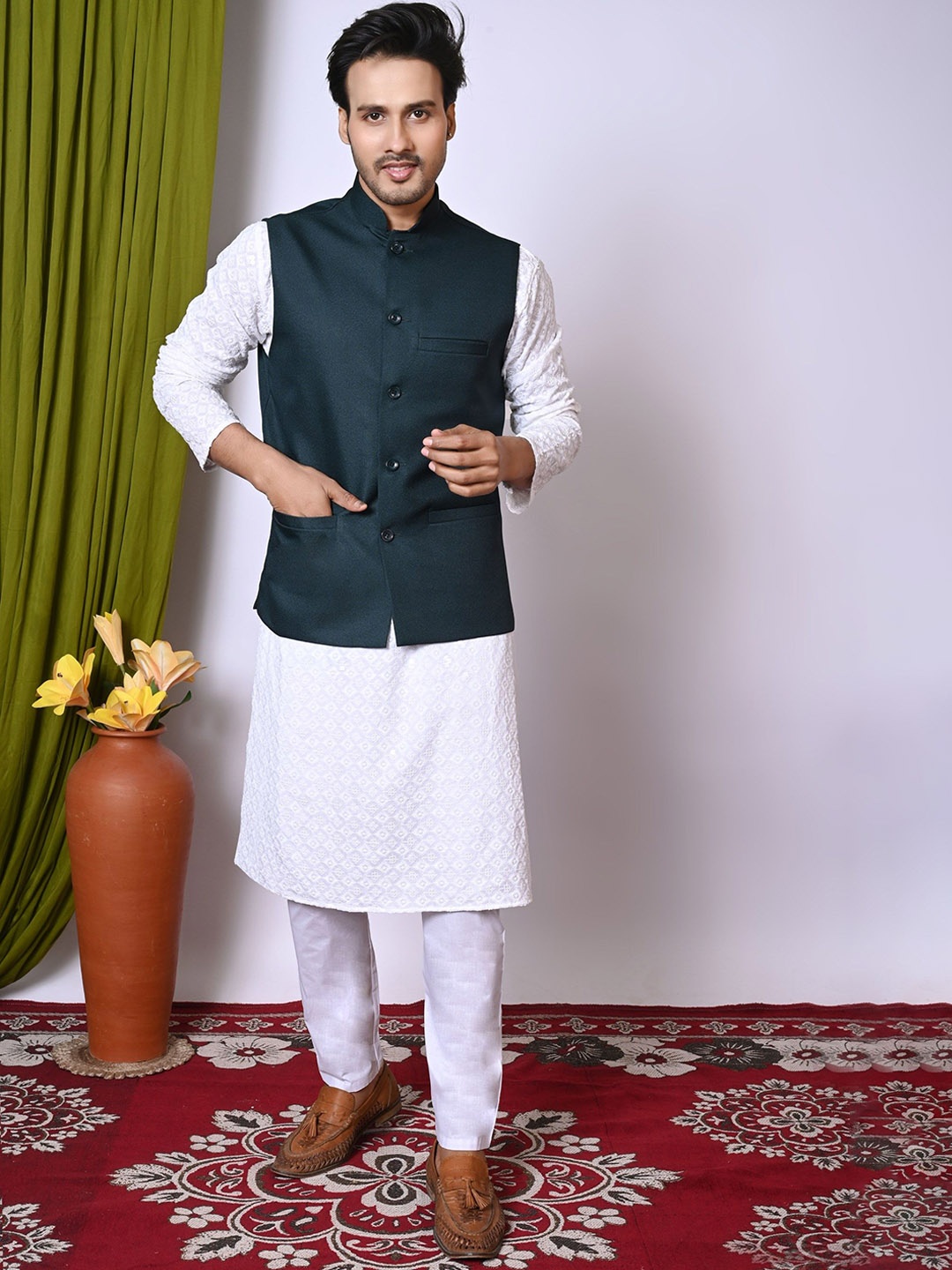 

BAESD Mandarin Collar Woven Nehru Jacket, Green