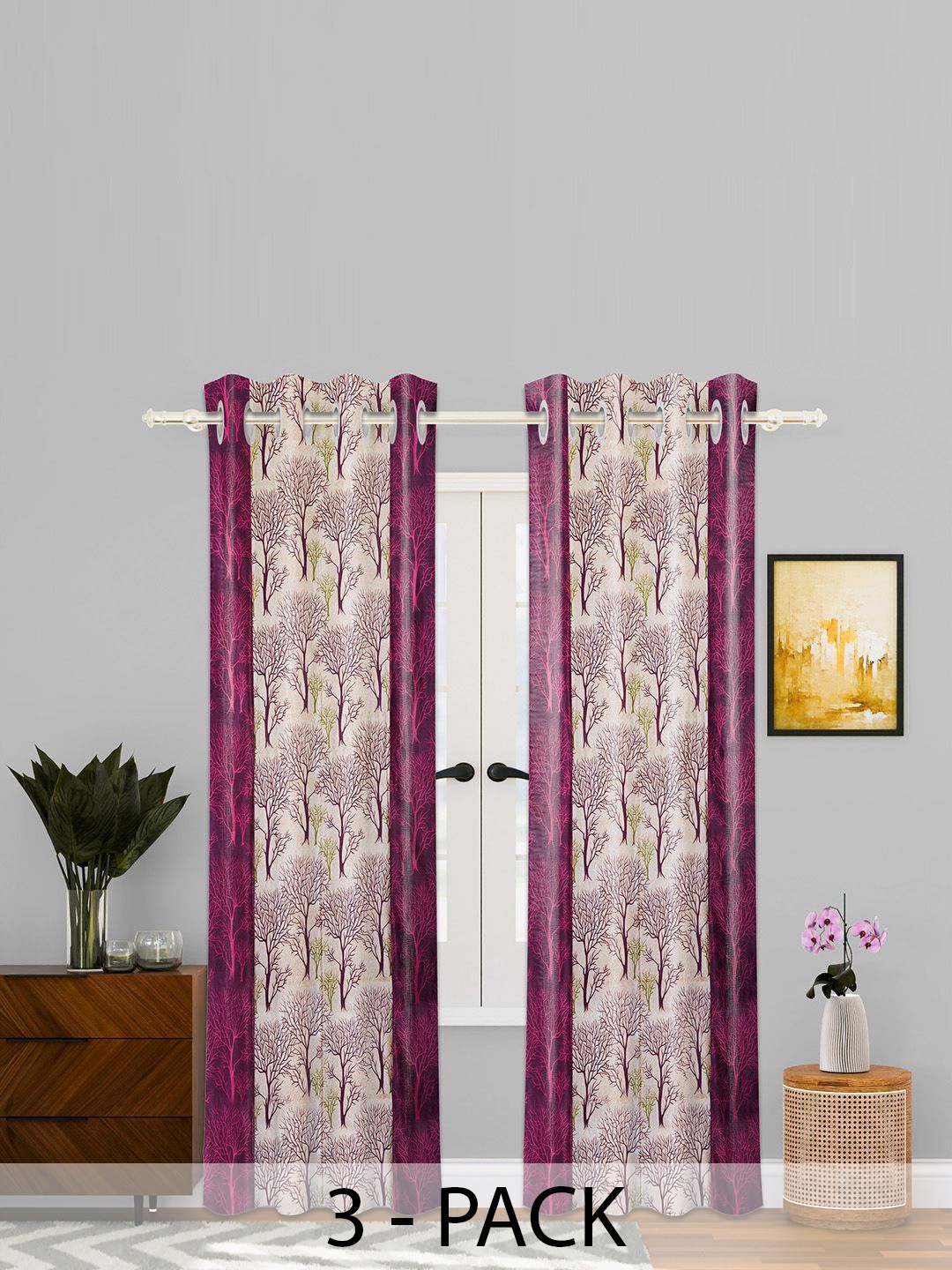 

Kuber Industries Purple & Beige 3 Pieces Floral Printed Sheer Door Curtains