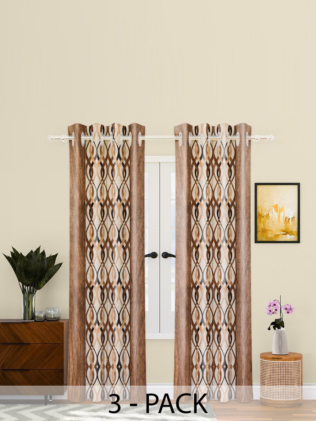 

Kuber Industries Brown & Beige 3 Pieces Geometric Printed Sheer Door Curtains