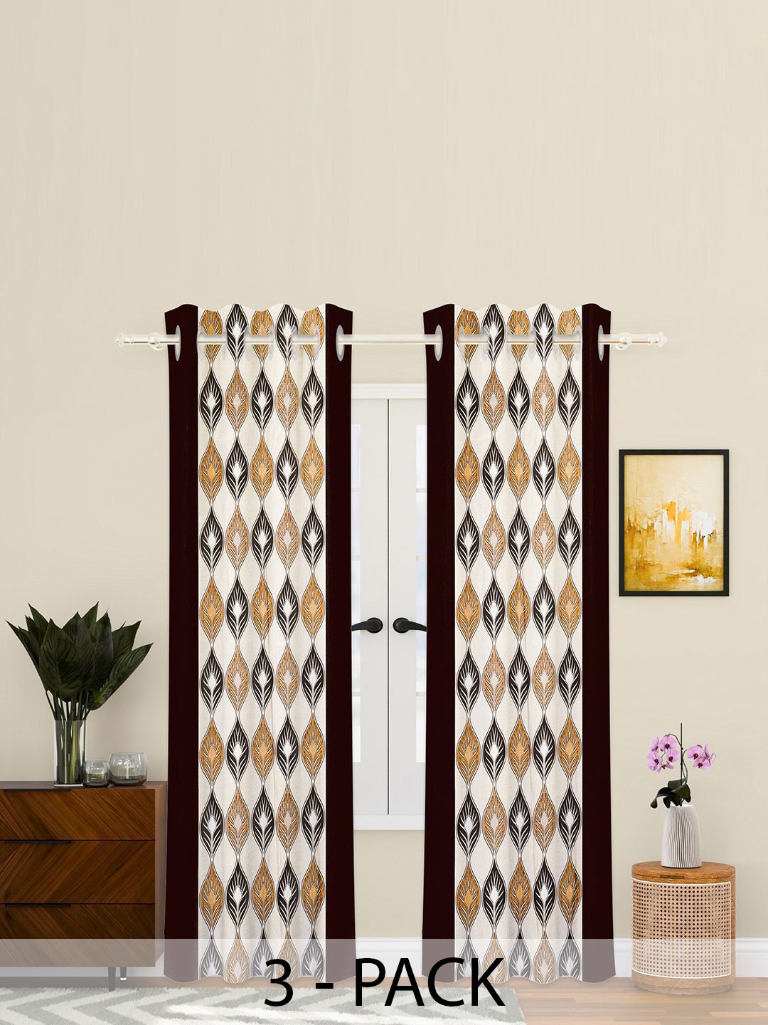 

Kuber Industries Brown & Beige 3 Pieces Geometric Printed Sheer Door Curtain