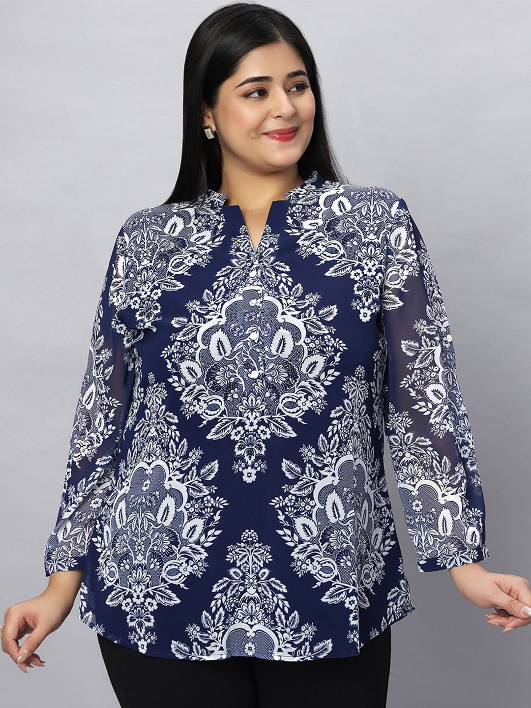 

Presence Women Straight Fit Mandarin Collar Floral Printed Casual Shirt, Navy blue