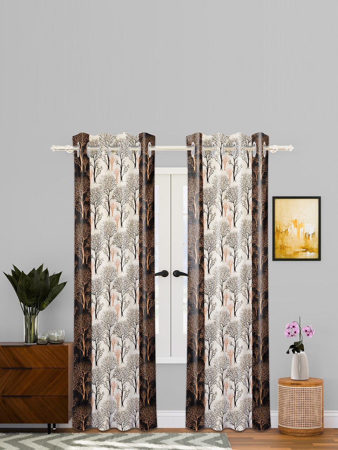 

Kuber Industries Brown & White 4 Pieces Floral Door Curtain