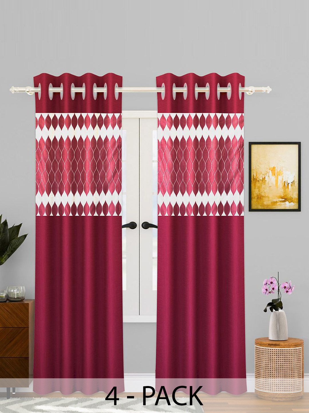 

Kuber Industries White & Maroon 4 Pieces Geometric Printed Sheer Door Curtains