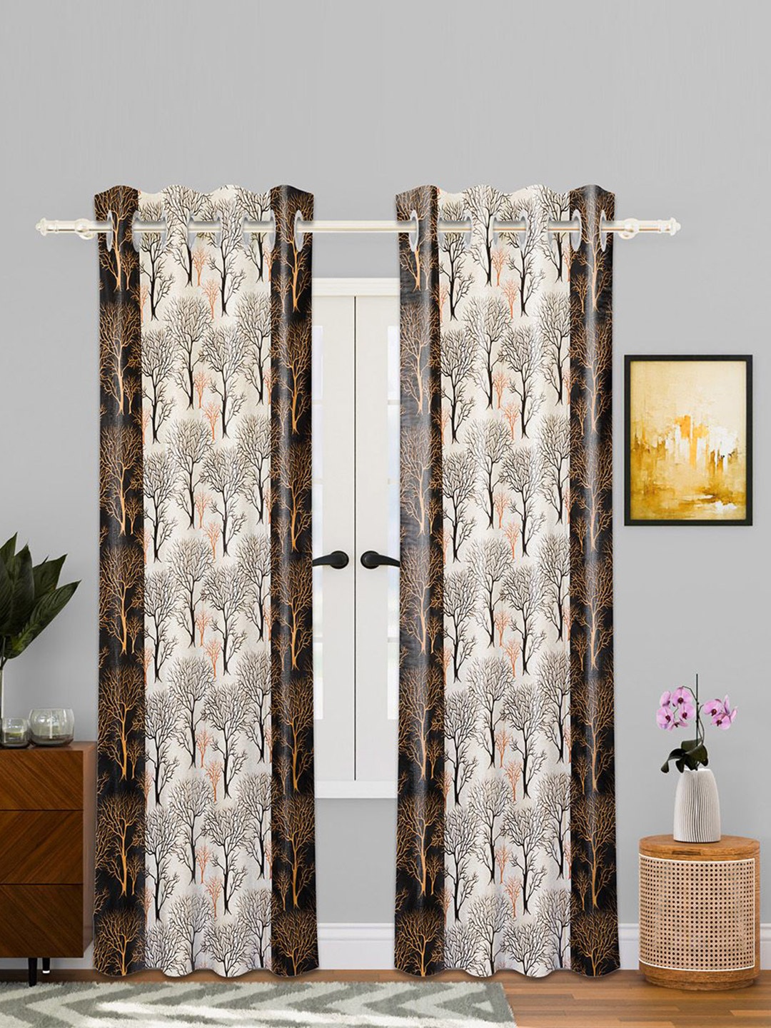 

Kuber Industries Brown & Beige 3 Pieces Floral Printed Sheer Door Curtains