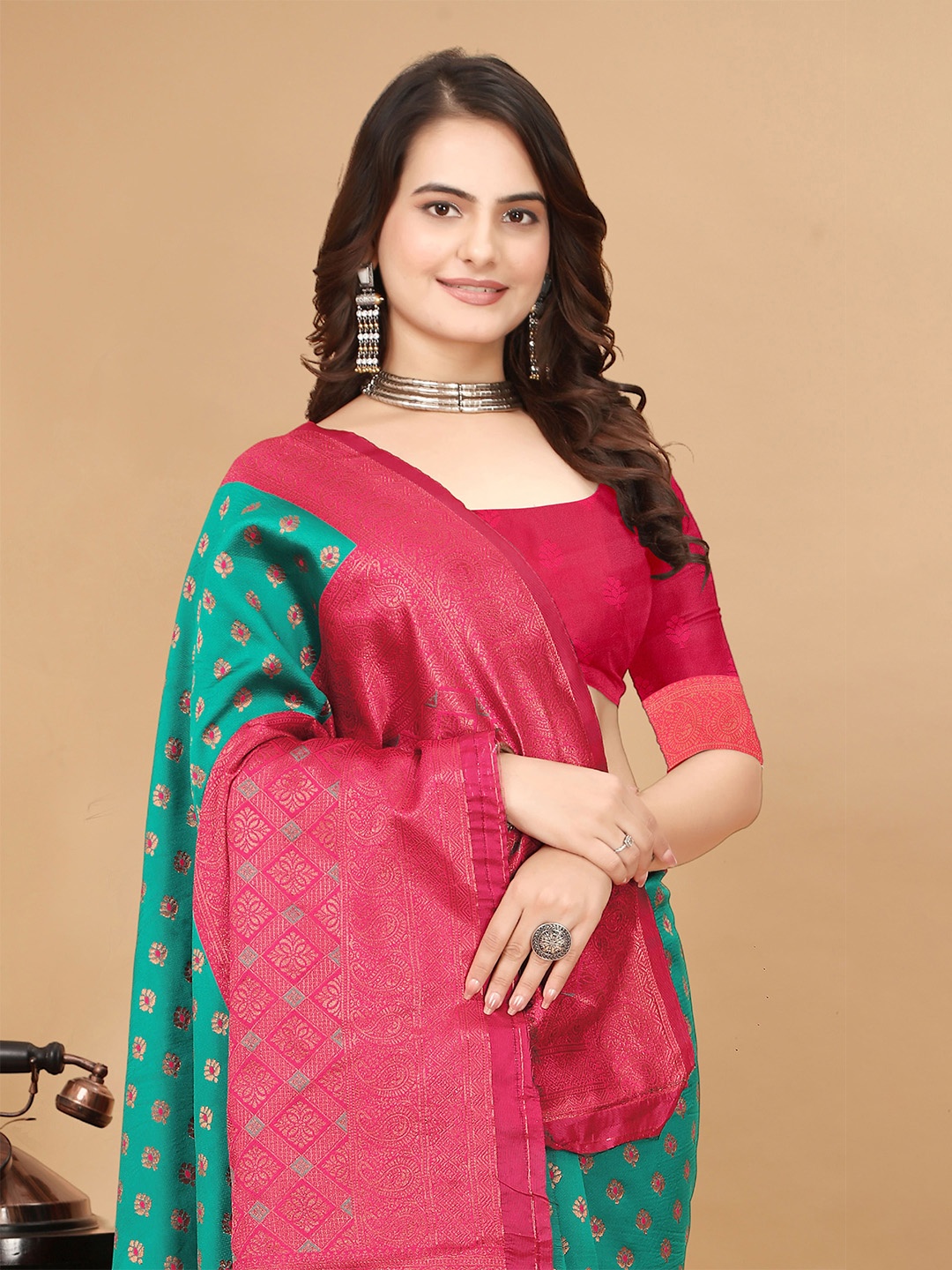 

MAHALASA Ethnic Motifs Zari Pure Silk Kanjeevaram Saree, Sea green