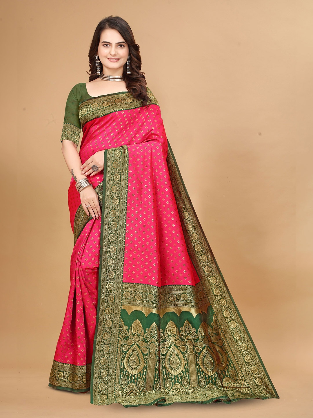 

MAHALASA Woven Design Zari Pure Silk Kanjeevaram Saree, Pink