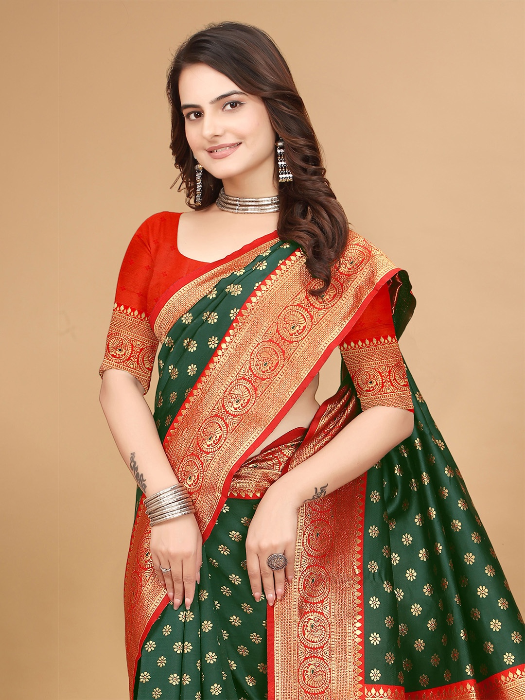 

MAHALASA Ethnic Motifs Zari Pure Silk Kanjeevaram Saree, Green