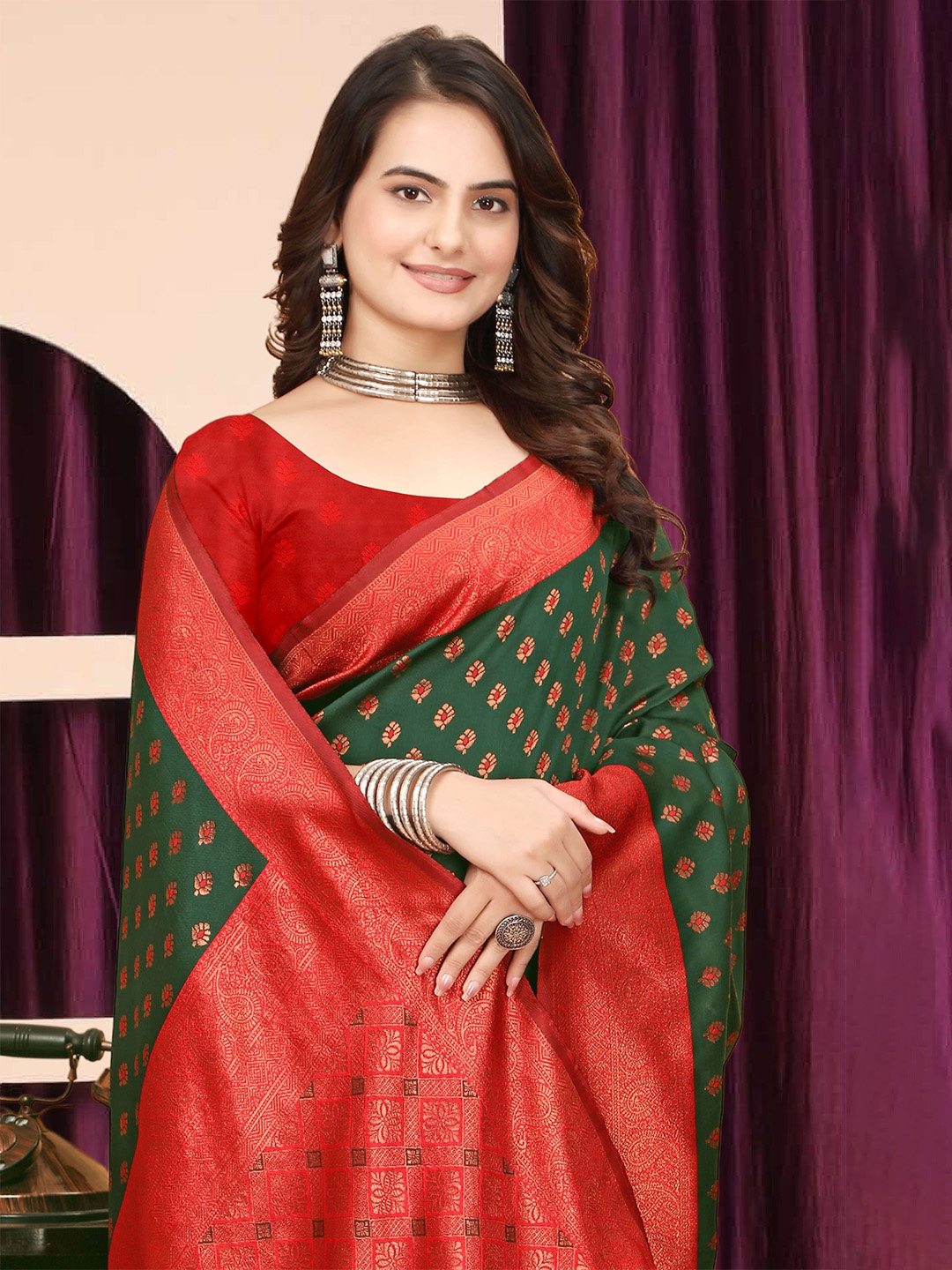 

MAHALASA Ethnic Motifs Zari Pure Silk Kanjeevaram Saree, Green