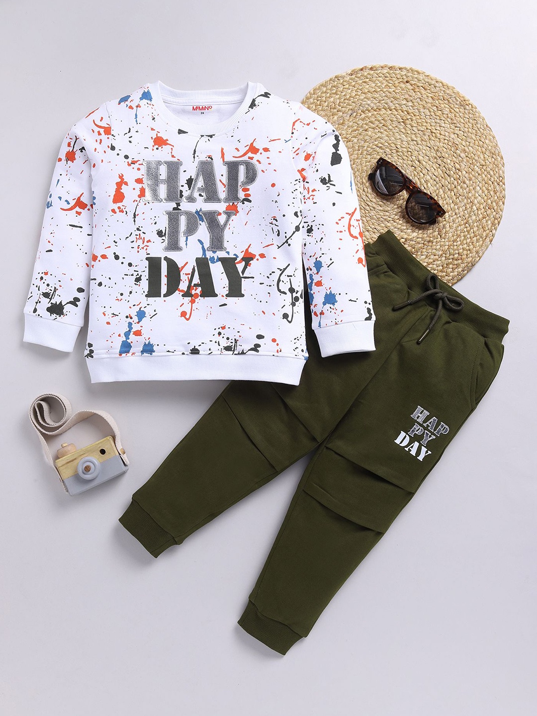 

MIMINO Kids Typography Printed Round Neck Sweatshirt With Joggers, White