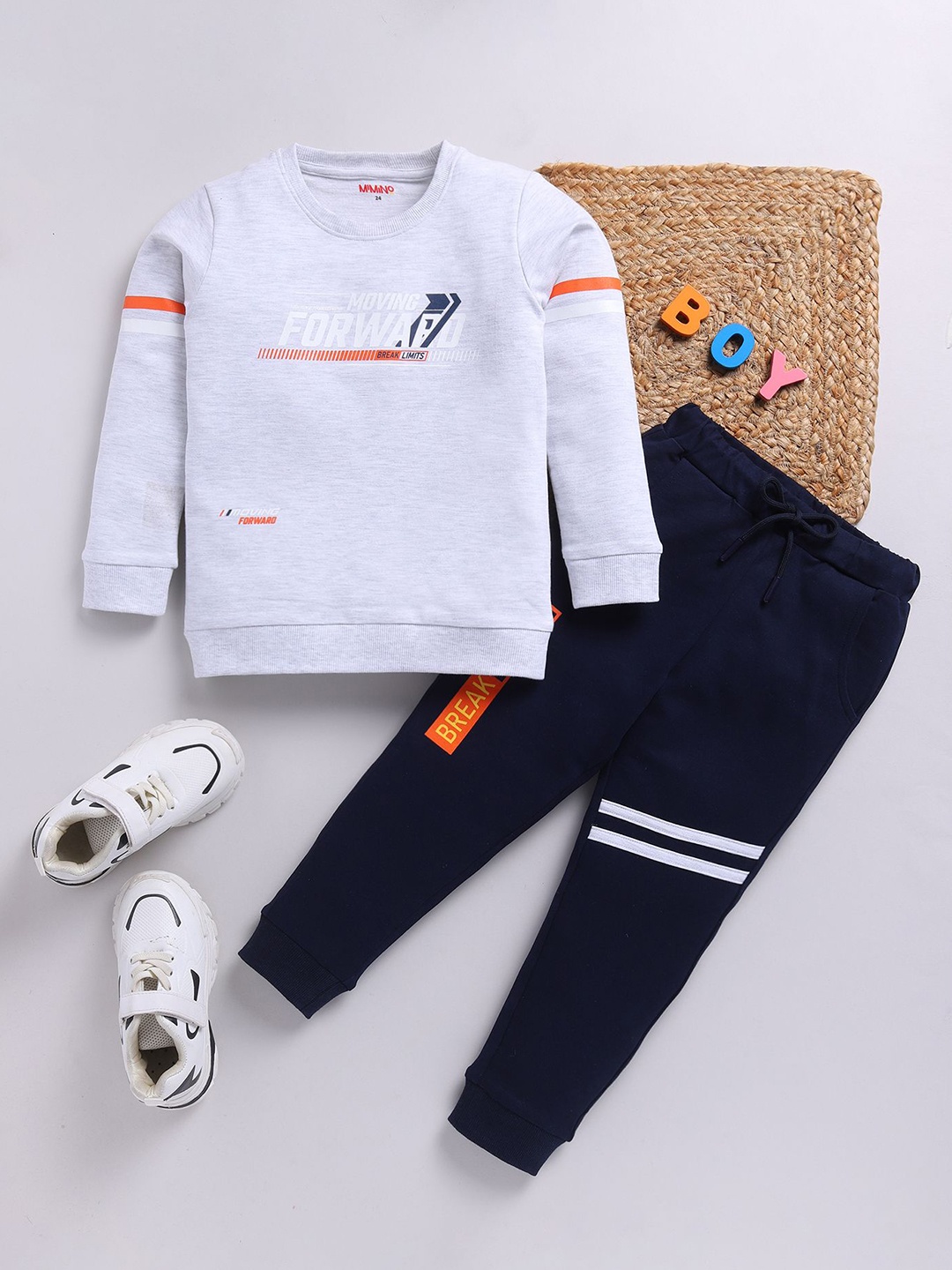 

MIMINO Kids Typography Printed Round Neck Sweatshirt With Joggers, White