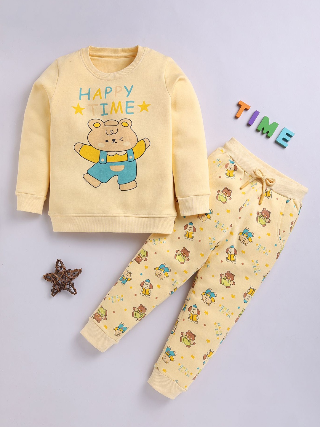 

MIMINO Kids Cartoon Characters Printed Round Neck Sweatshirt With Joggers, Yellow