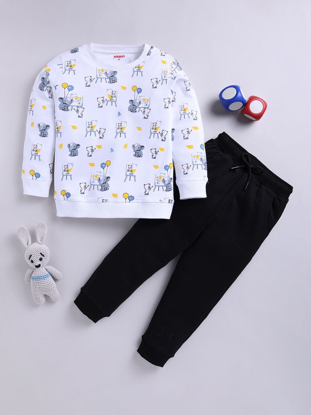 

MIMINO Kids Cartoon Characters Printed Round Neck Sweatshirt With Joggers, White