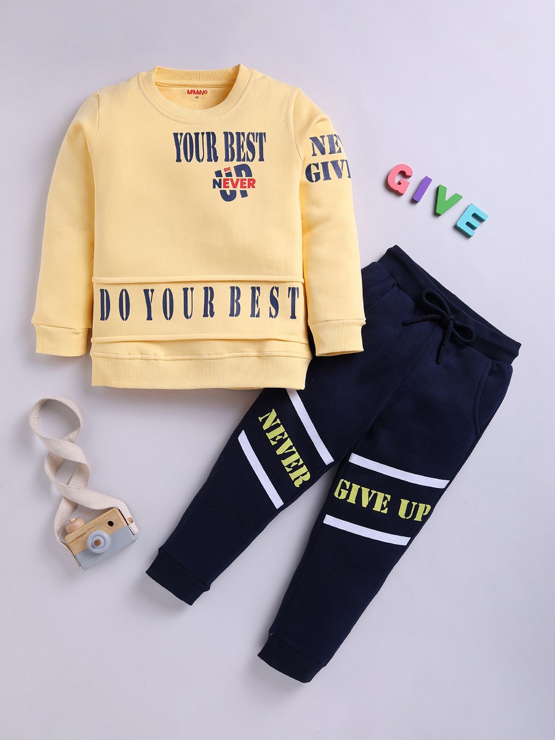 

MIMINO Kids Typography Printed Round Neck Sweatshirt With Joggers, Yellow