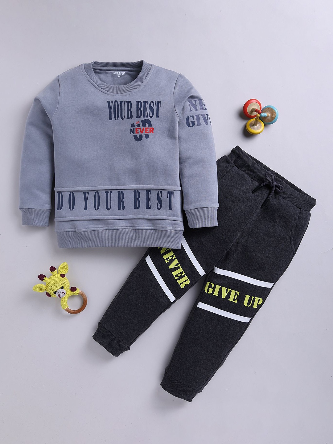 

MIMINO Kids Typography Printed Round Neck Sweatshirt With Joggers, Grey