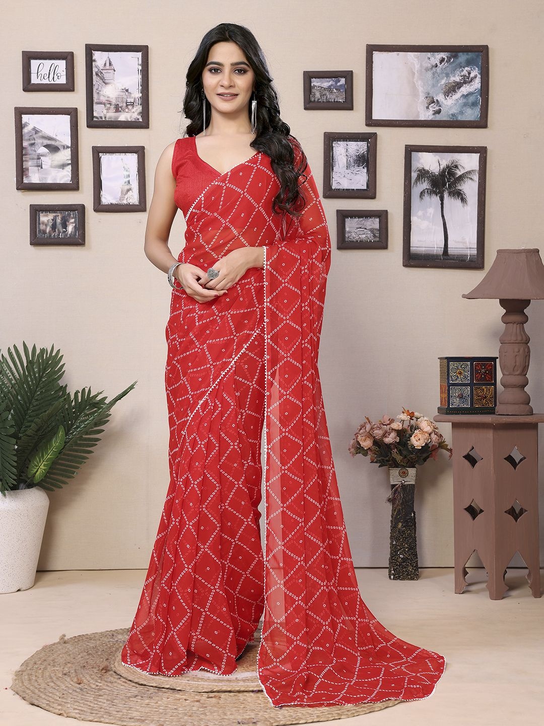 

Mitera Ethnic Motifs Printed Ready to Wear Saree, Red