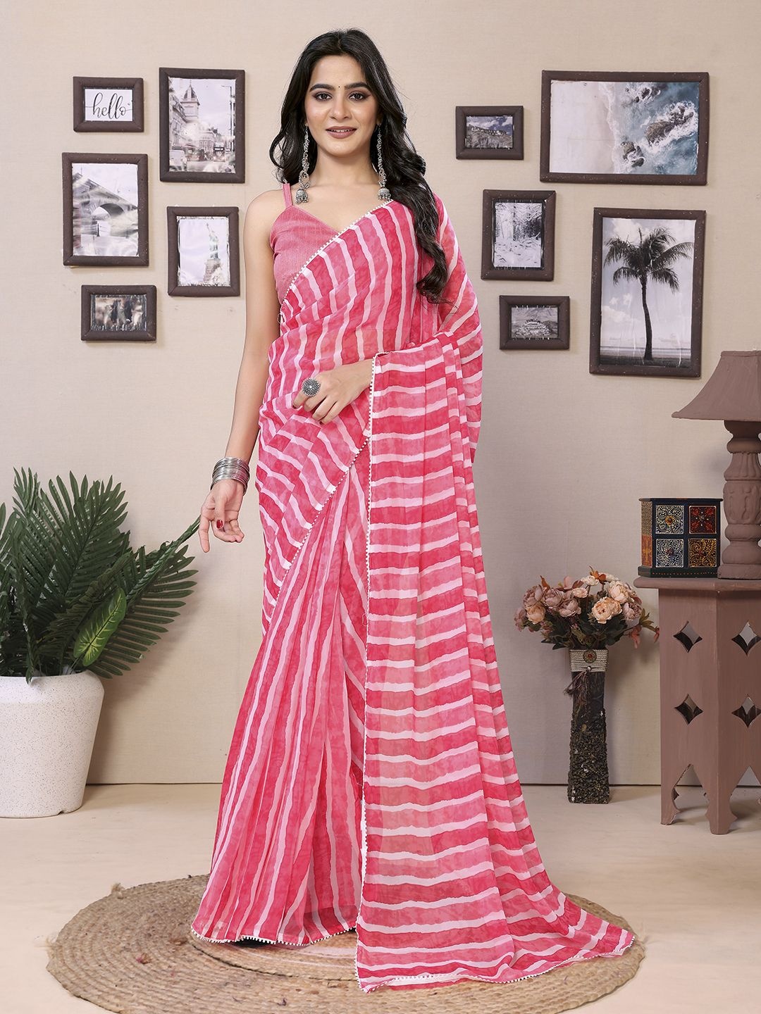 

Mitera Striped Ready to Wear Saree, Pink