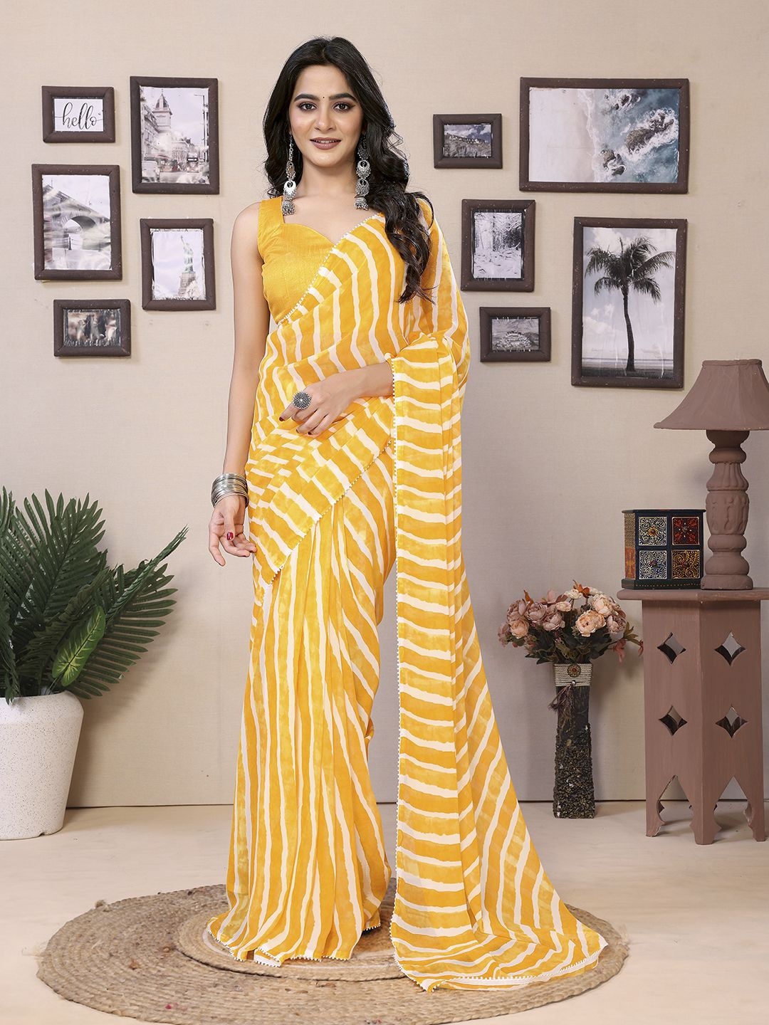 

Mitera Striped Ready to Wear Saree, Yellow