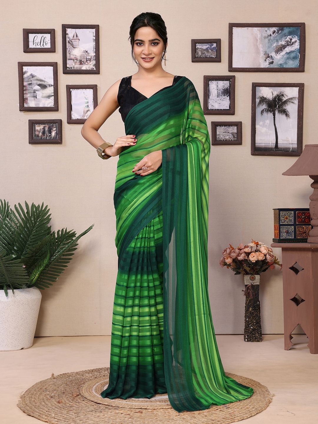 

Mitera Striped Ready to Wear Saree, Green